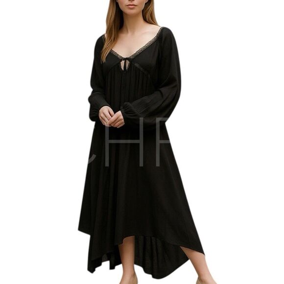 SOLD FREE PEOPLE Just Like Lucy Maxi Dress Black Plunge Front Tie Witchy Boho - Picture 1 of 12